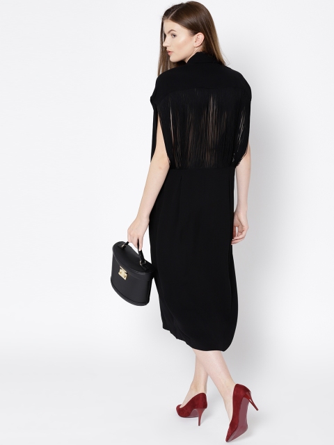 

MANGO Women Black Solid Fringed Shirt Dress