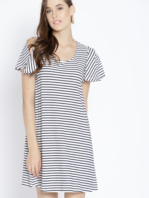 

MANGO Women White & Navy Striped A-Line Dress