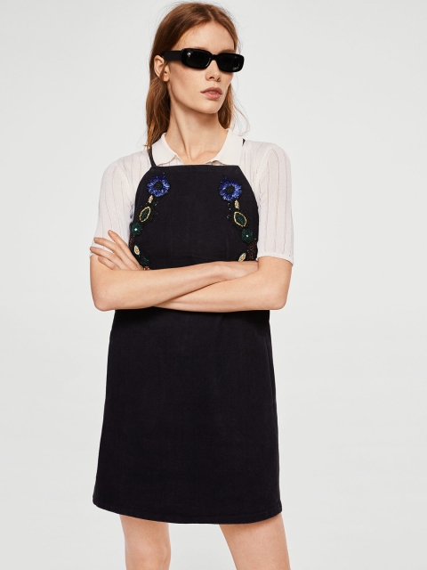

MANGO Women Charcoal Grey Solid Denim Pinafore Dress