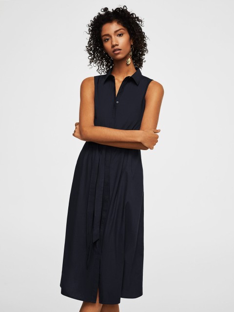 

MANGO Women Navy Solid Shirt Dress, Navy blue