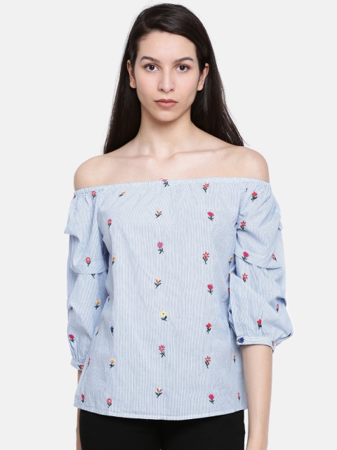 

Lee Cooper Women Blue Striped Embroidered Bardot Pure Cotton Top