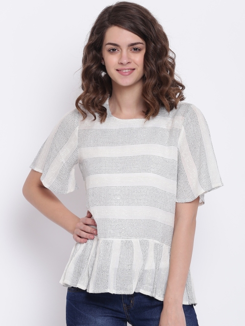 

Lee Cooper Women Off-White & Silver-Toned Striped Regular Top