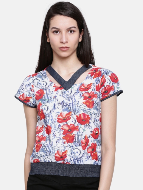 

Lee Cooper Women White & Blue Floral Printed Pure Cotton Top