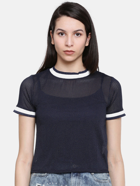 

Lee Cooper Women Navy Blue Self Design Sheer T-shirt