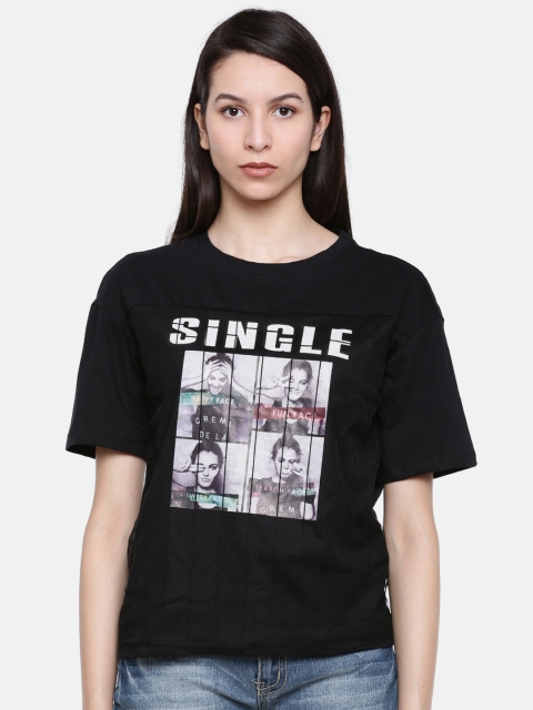 

Lee Cooper Women Black Printed Round Neck Pure Cotton T-shirt