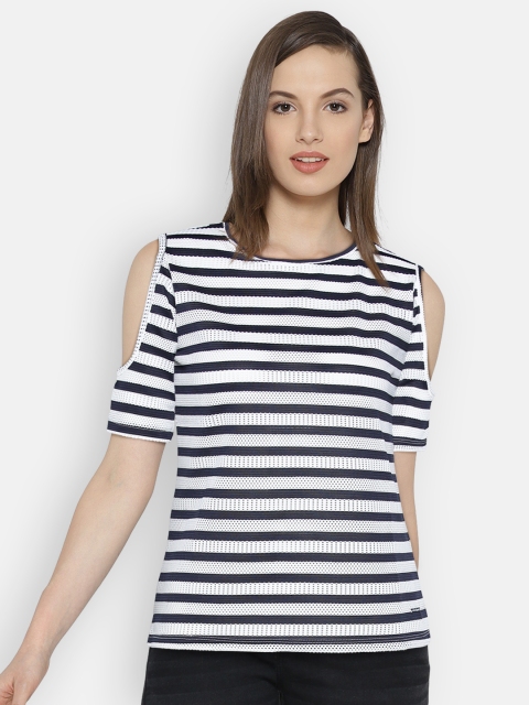 

Lee Cooper Women White & Navy Blue Semi-Sheer Striped Top