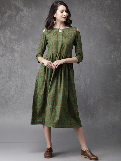 

Anouk Women Green Printed A-Line Dress