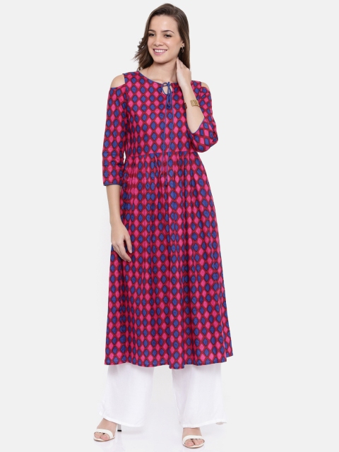 

Anouk Women Pink & Blue Printed Off-shoulder A-Line Kurta