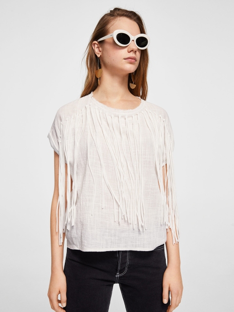 

MANGO Women White Solid Boxy Pure Cotton Top