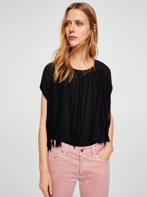 

MANGO Women Black Solid Fringed Top