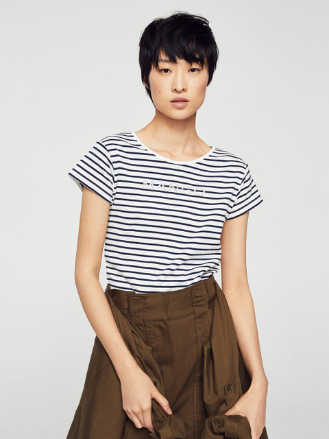 

MANGO Women White Striped Round Neck T-shirt