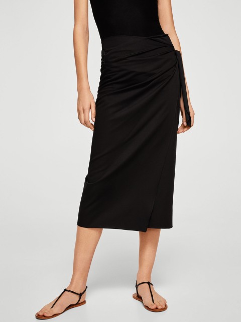 

MANGO Women Solid Black Midi Wrap Skirt