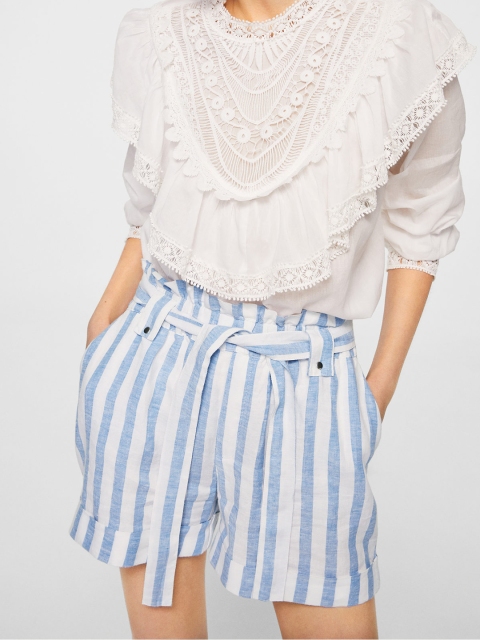 

MANGO Women Blue & White Linen Striped Regular Fit Shorts