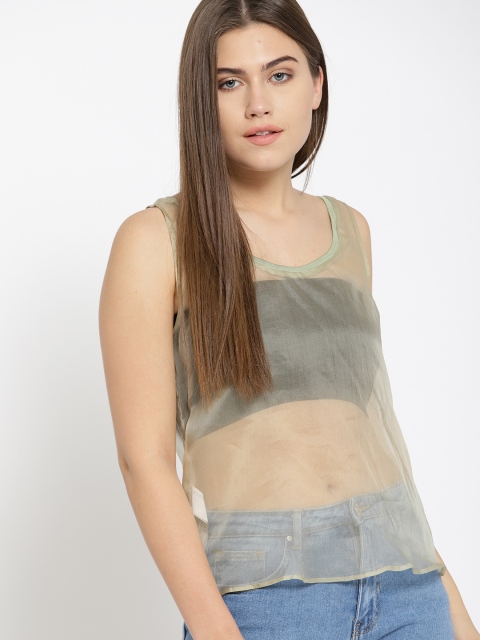 

MANGO Women Olive Green Silk Sheer Solid Top