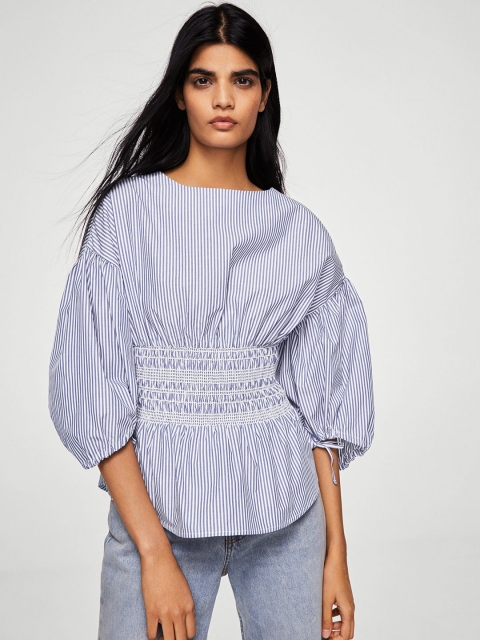 

MANGO Women Blue & White Striped Cinched Waist Top