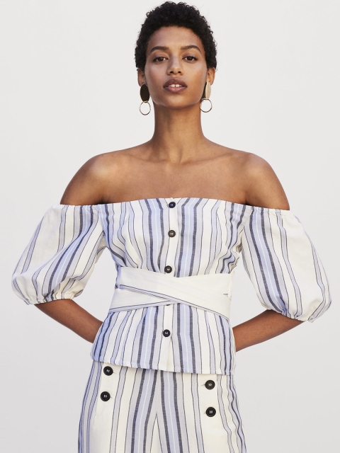 

MANGO Women White & Blue Striped Bardot Top