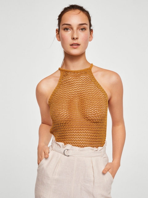 

MANGO Women Mustard Self Design A-Line Top