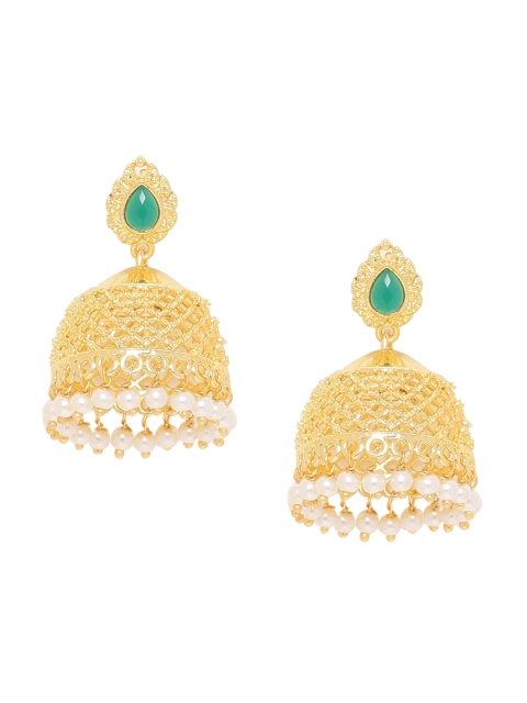 

Voylla Gold-Toned & Green Classic Gold-Plated Jhumkas