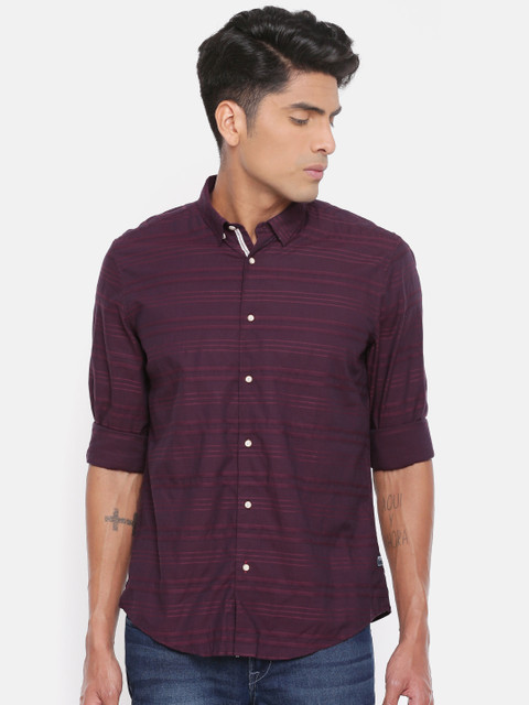 

Blackberrys Men Burgundy Slim Fit Striped Casual Shirt