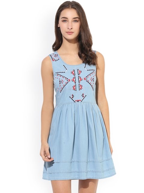 

Heather Hues Women Blue Solid Fit and Flare Embroidered Denim Dress