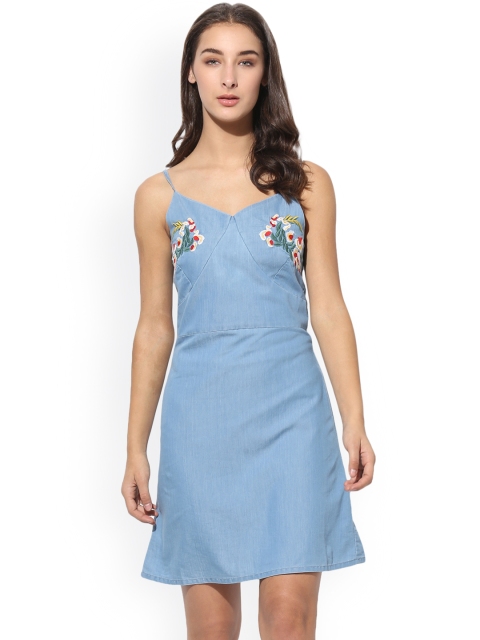 

Heather Hues Women Blue Embroidered A-Line Denim Dress