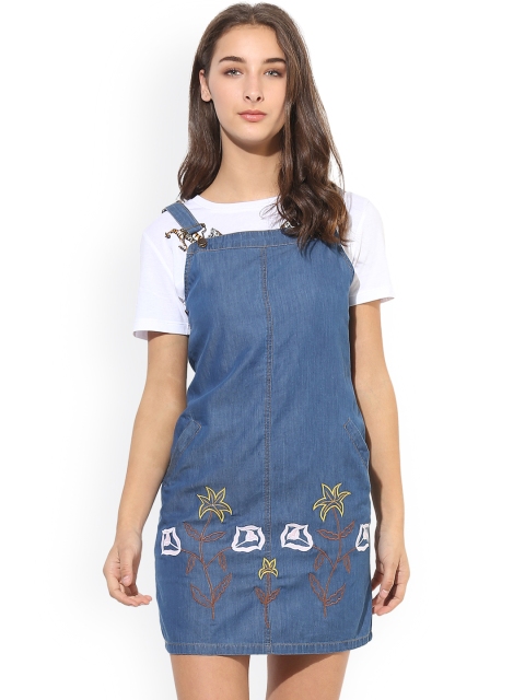 

Heather Hues Women Blue Embroidered Denim Pinafore Dress