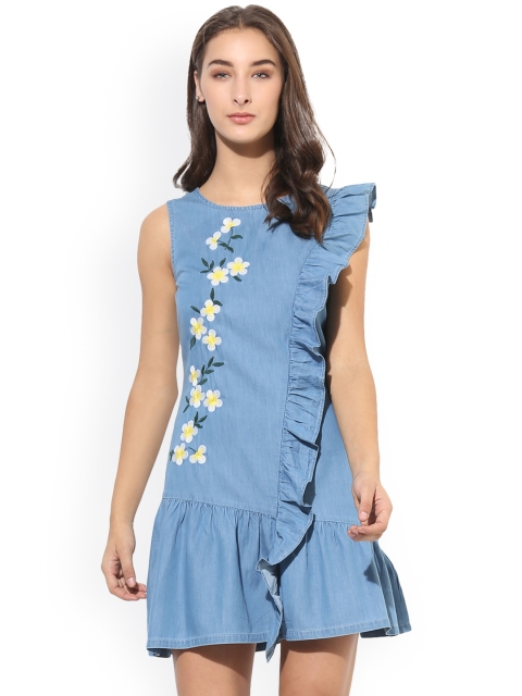 

Heather Hues Women Blue Embroidered Denim A-Line Dress
