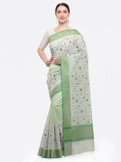 

Pisara White & Green Pure Cotton Embroidered Banarasi Saree