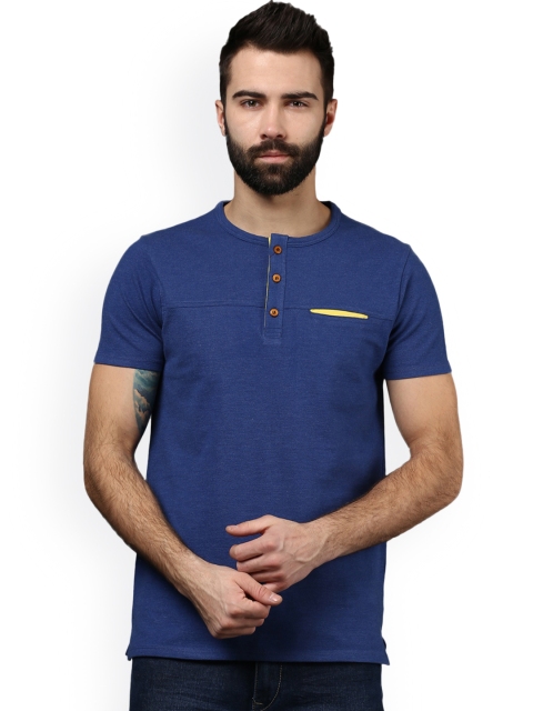 

MKH Men Blue Solid Henley Neck T-shirt
