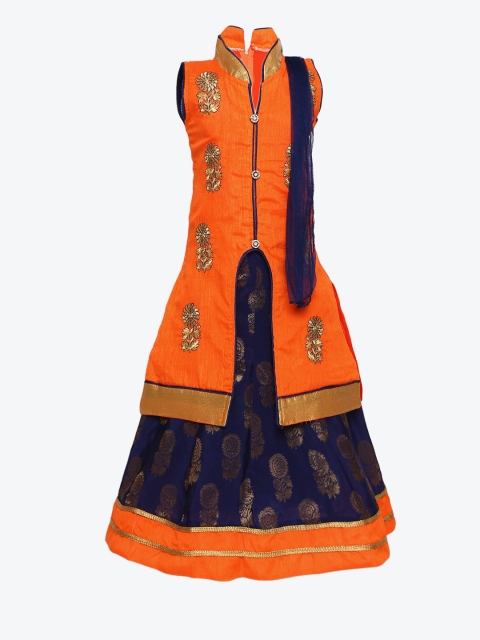

Aarika Girls Orange & Navy Blue Embellished Ready to Wear Lehenga & Blouse with Dupatta
