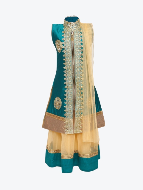 

Aarika Girls Green & Cream-Coloured Embroidered Ready to Wear Lehenga & Blouse with Dupatta