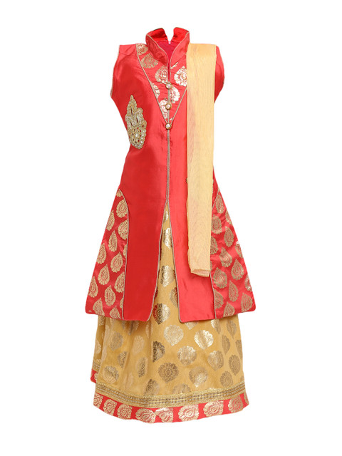 

Aarika Girls Peach & Beige Embellished Ready to Wear Lehenga & Blouse with Dupatta