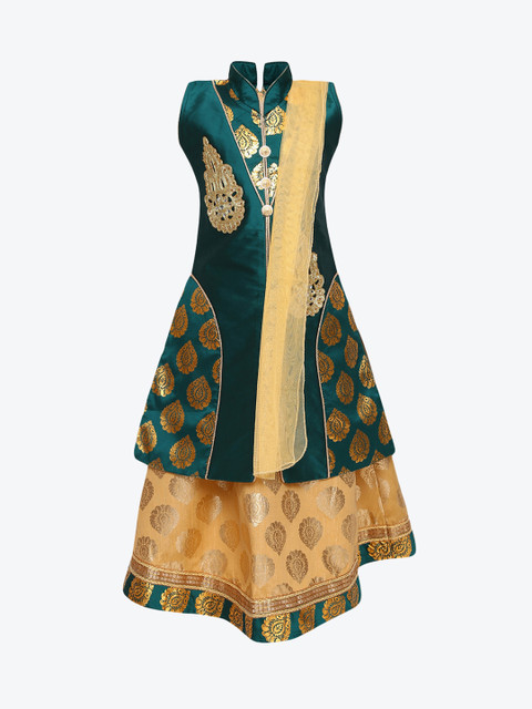 

Aarika Girls Green & Cream-Coloured Embroidered Ready to Wear Lehenga & Blouse with Dupatta