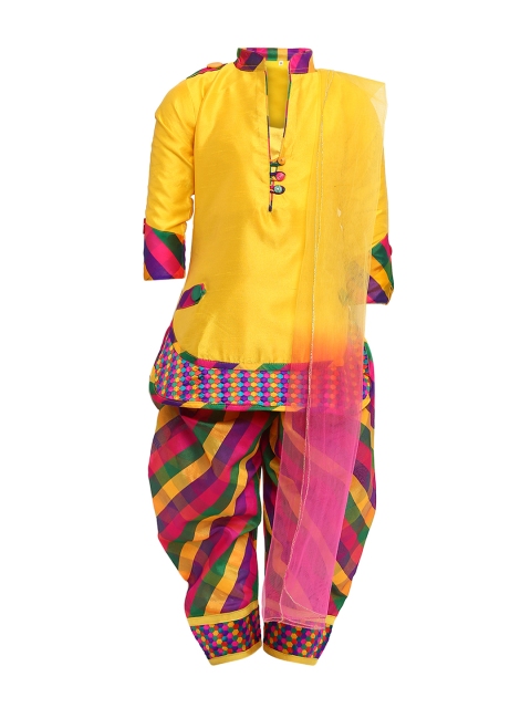 

Aarika Girls Yellow Solid Kurti with Multicoloured Dhoti Pants & Dupatta