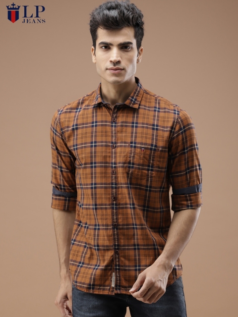 

Louis Philippe Jeans Men Brown & Navy Blue Slim Fit Checked Casual Shirt