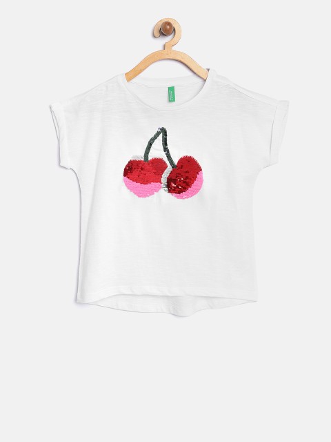 

United Colors of Benetton Girls White Solid Embellished Round Neck T-shirt