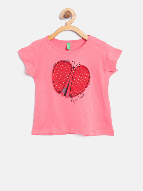 

United Colors of Benetton Girls Pink Self Design Round Neck T-shirt
