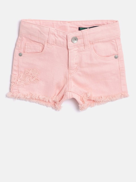 

United Colors of Benetton Girls Pink Solid Regular Fit Embroidered Denim Shorts