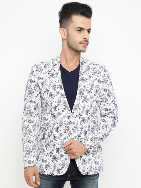 

SHOWOFF Men White & Navy Blue Printed Slim Fit Casual Blazer