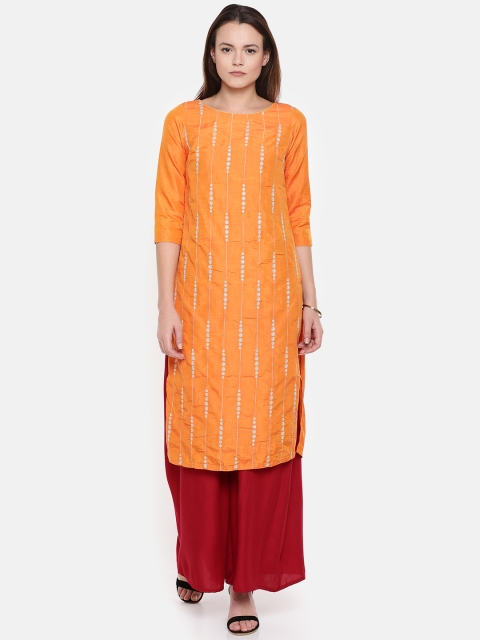 

TRISHAA BY PANTALOONS Women Orange Embroidered Straight Kurta