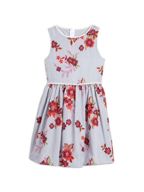 

next Girls Blue Striped Embroidered Fit and Flare Dress