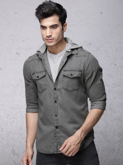 

Ecko Unltd Men Grey Slim Fit Solid Hooded Casual Shirt