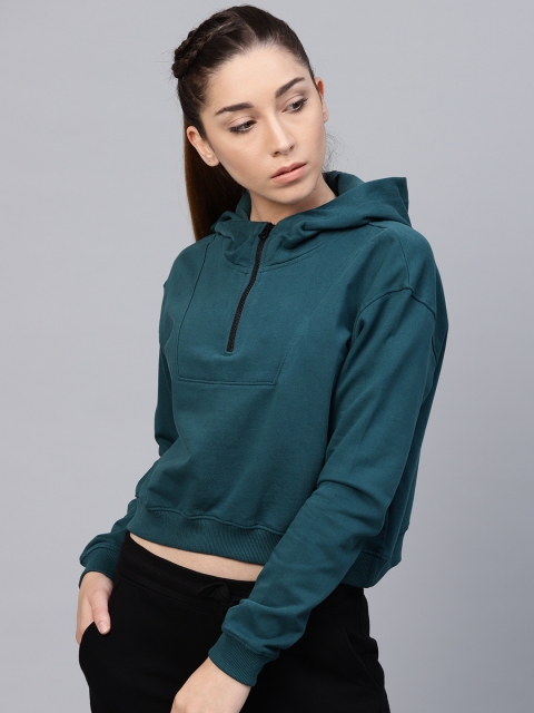 

HRX by Hrithik Roshan Women Teal Blue Solid Athleisure Cropped Hooded Sweatshirt