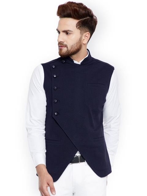 

Hypernation Men Navy Blue Solid Nehru Jacket