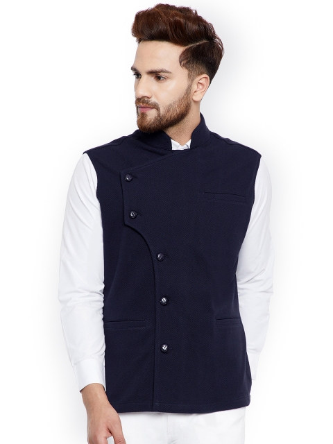 

Hypernation Men Navy Blue Solid Nehru Jacket