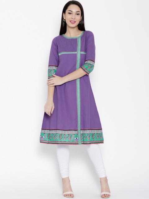 

AURELIA Women Purple Printed Detail A-Line Kurta