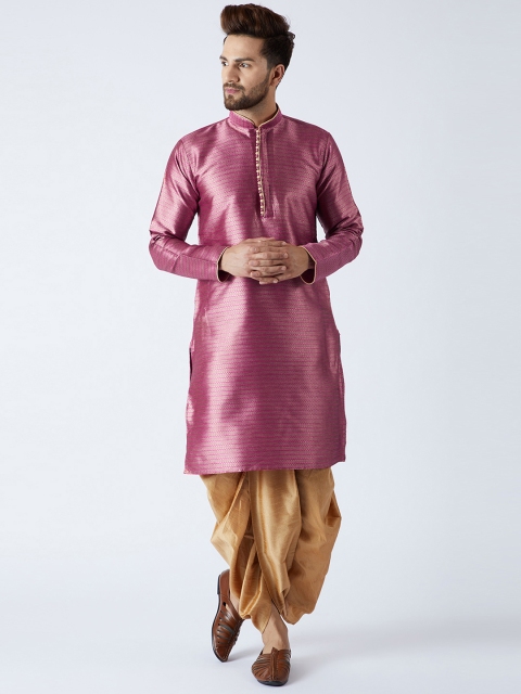 

SOJANYA Men Pink & Gold-Toned Self Design Kurta with Dhoti Pants