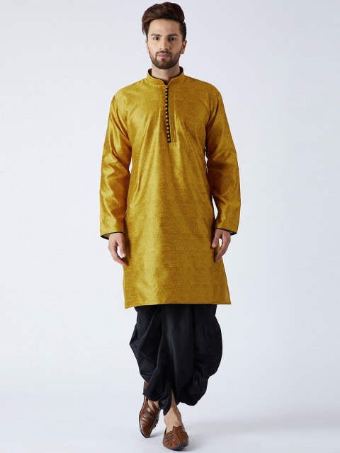 

SOJANYA Men Mustard Yellow & Black Self Design Kurta with Dhoti Pants