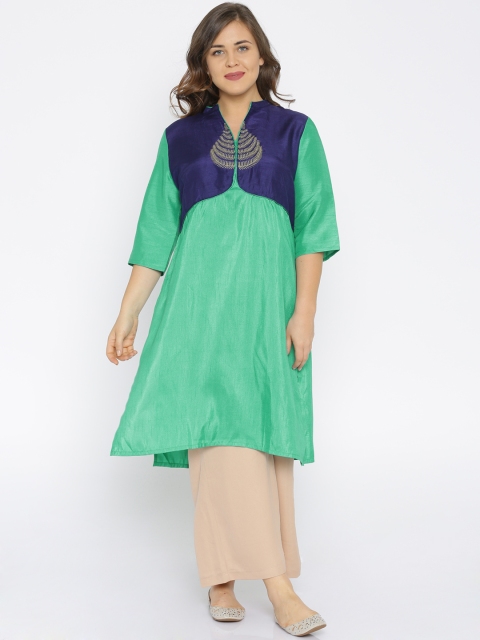 

AURELIA Green & Navy Colourblocked A-Line Kurta