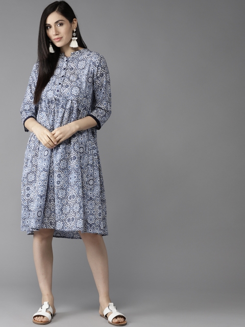

HERE&NOW Women Blue & White Printed Empire Dress, Navy blue